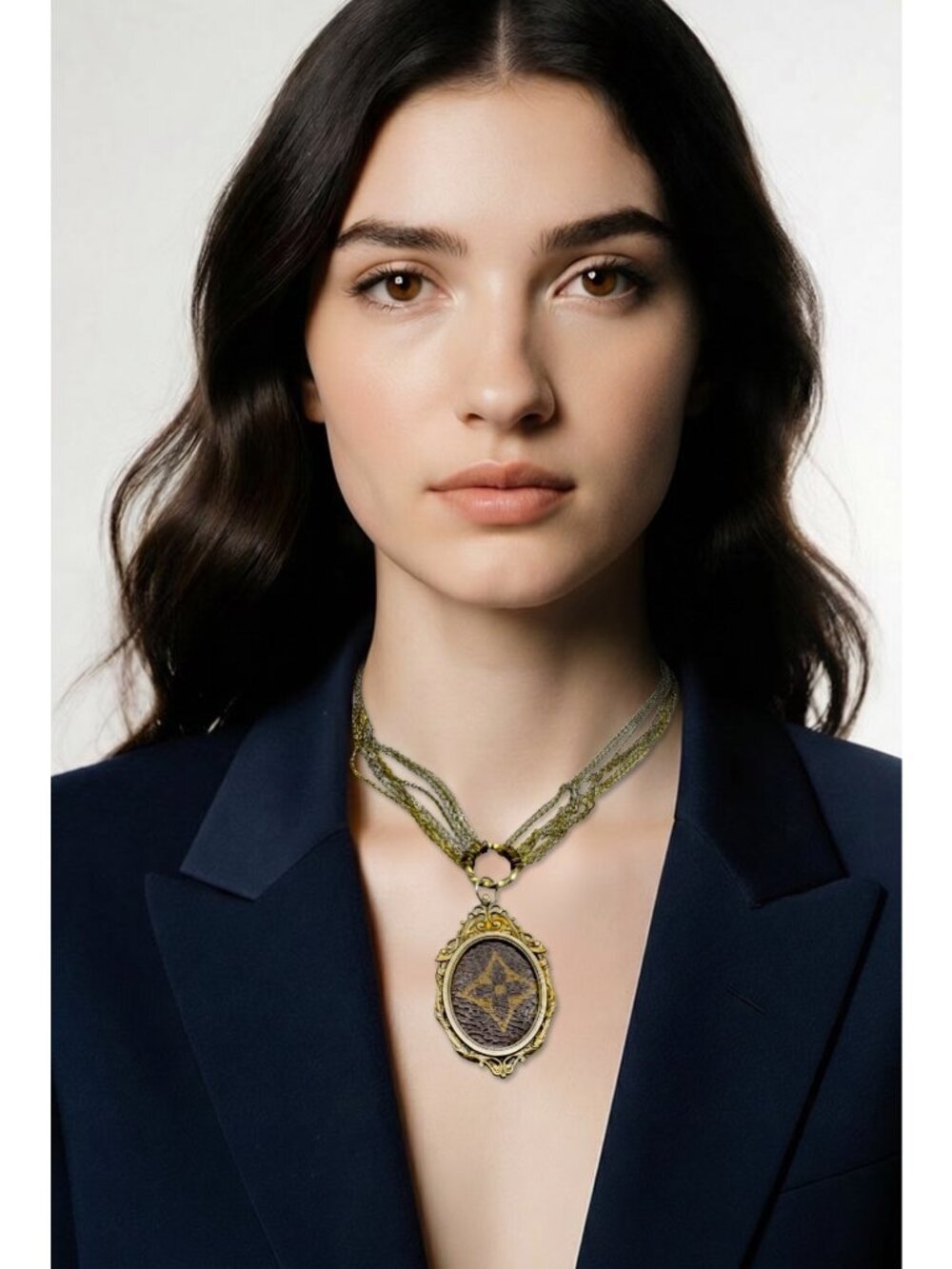 Vintage Luxury Canvas Pendant Necklace | Ornate Gold Frame | Layered Mixed Metal - Picture 10 of 10